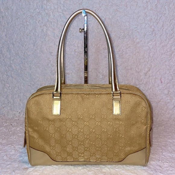 Gucci GG Guccissima Gold Metallic Leather & Canvas Vintage Shoulder Bag Purse - Picture 9 of 17